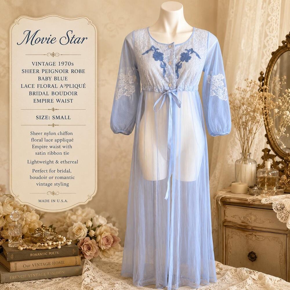 Movie Star Vintage 1970s Sheer Peignoir Robe Baby Blue Lace Floral Appliqué Sz S
